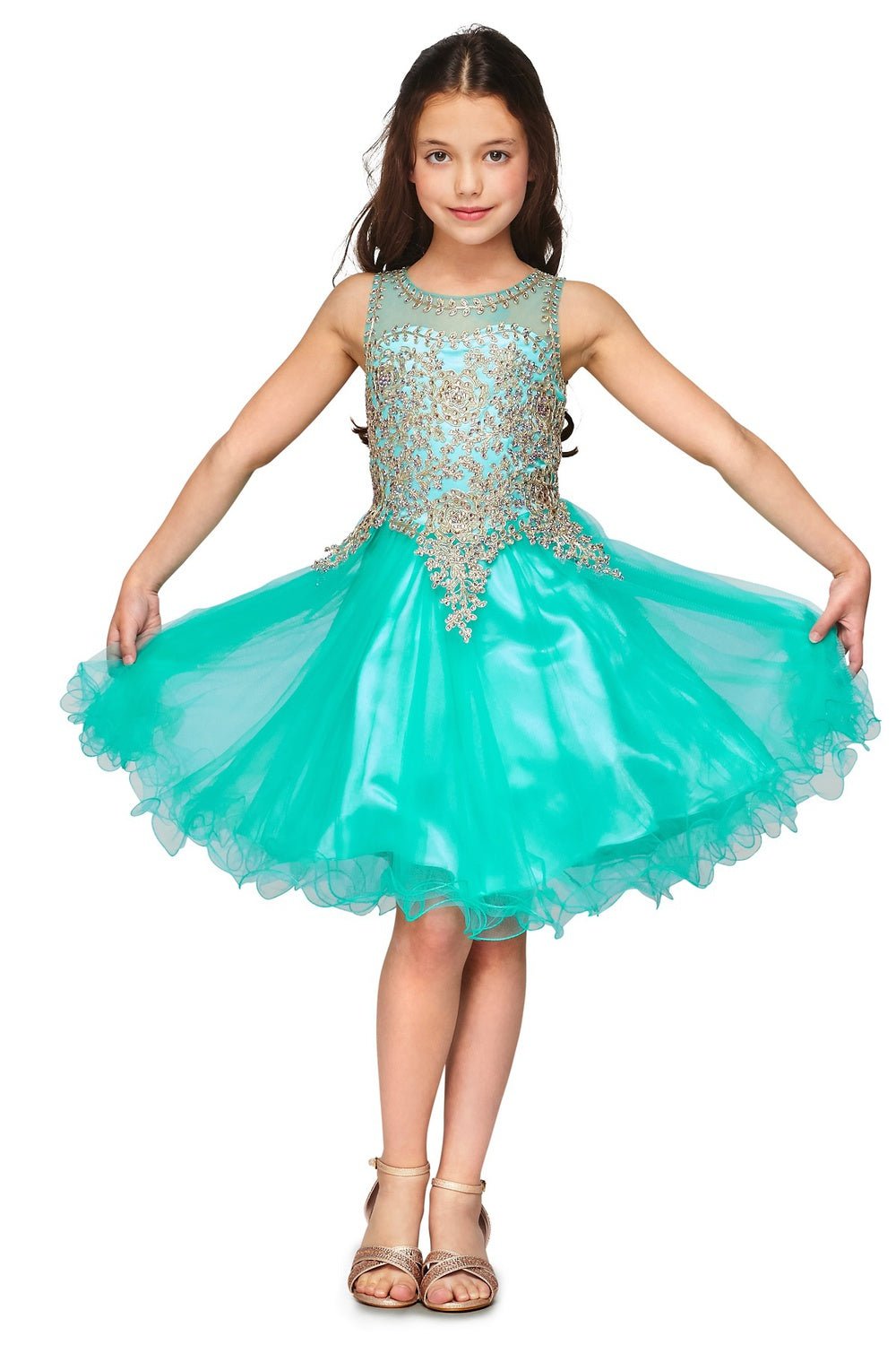 Aqua Marine flower girl Dress Front View With Lace Bodice And Layered Tulle Skirt.