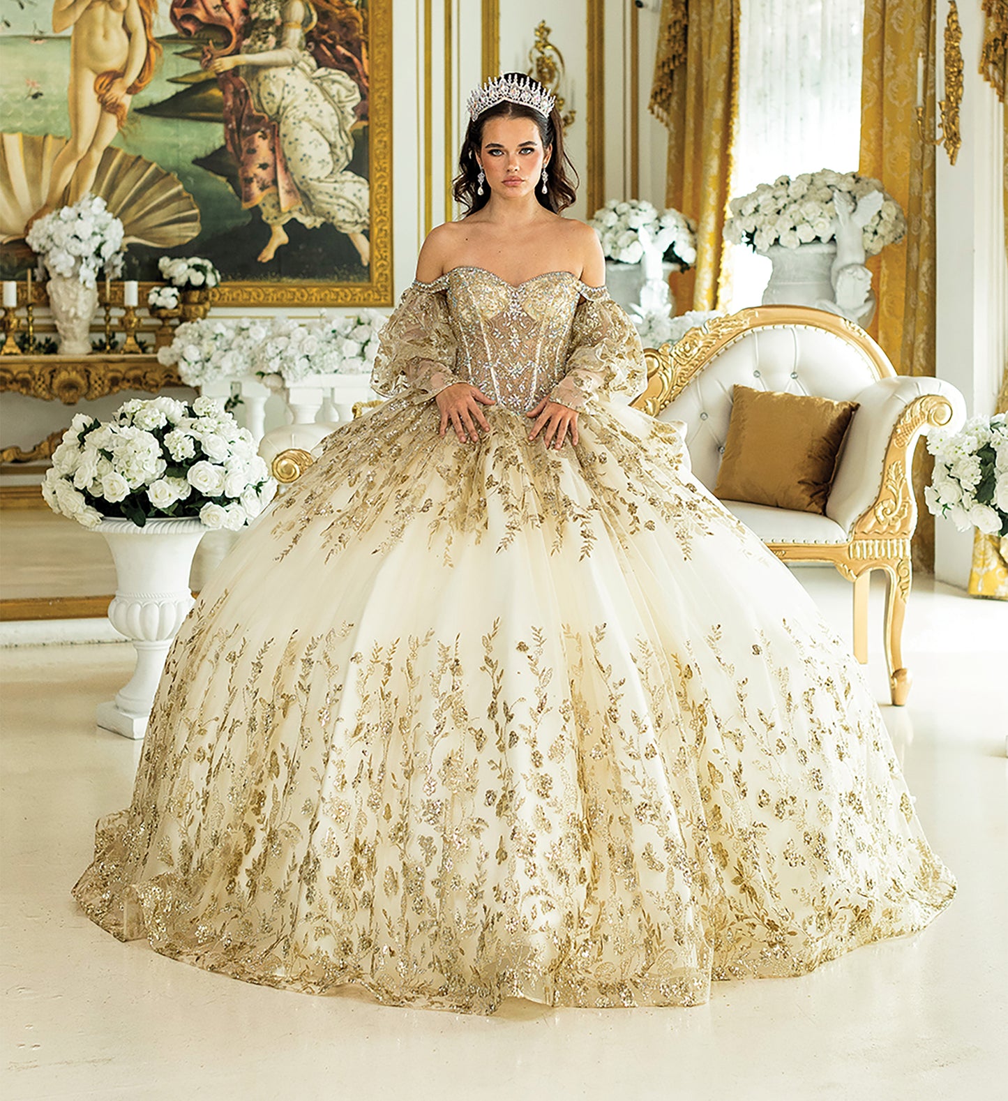 Quinceañera | Champagne Off-Shoulder Ball Gown with Intricate Embroidery and Glitter Accents | Yamilet dress front view