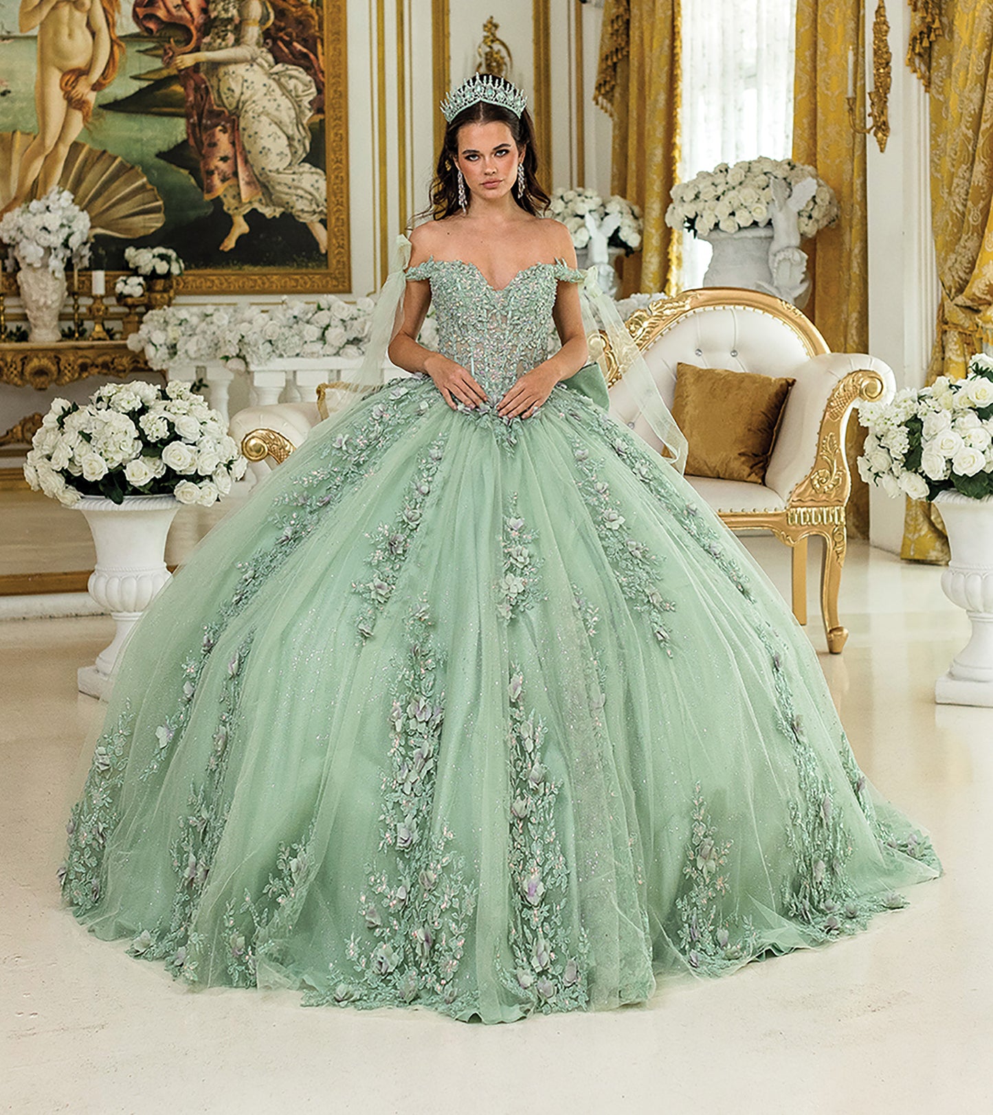 Quinceañera | Sage Ball Gown with Off-the-Shoulder Floral Appliques and Sparkling Tulle Skirt | Flor dress front