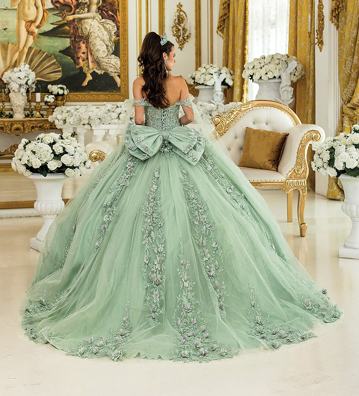 Quinceañera | Sage Ball Gown with Off-the-Shoulder Floral Appliques and Sparkling Tulle Skirt | Flor dress back