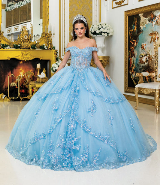 Quinceanera | Cinderella Blue Sparkling Rhinestones Bodice Multi-tiered Illusion Skirt Embroidery Off Shoulder Sweet 15 Ballgown | Carmen dress front