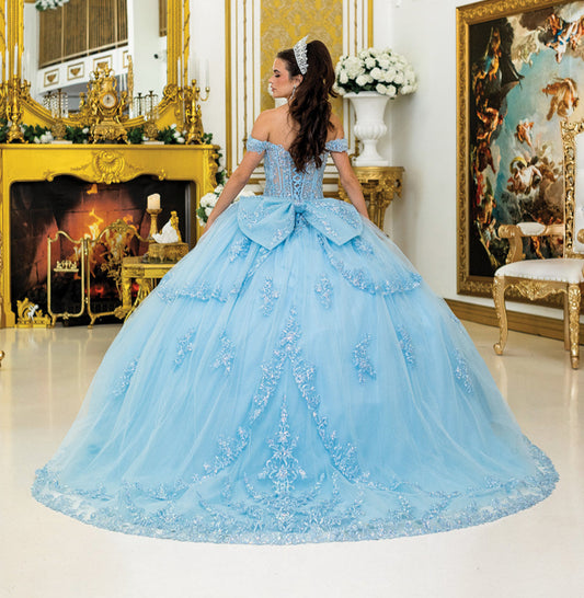 Quinceanera | Cinderella Blue Sparkling Rhinestones Bodice Multi-tiered Illusion Skirt Embroidery Off Shoulder Sweet 15 Ballgown | Carmen dress back