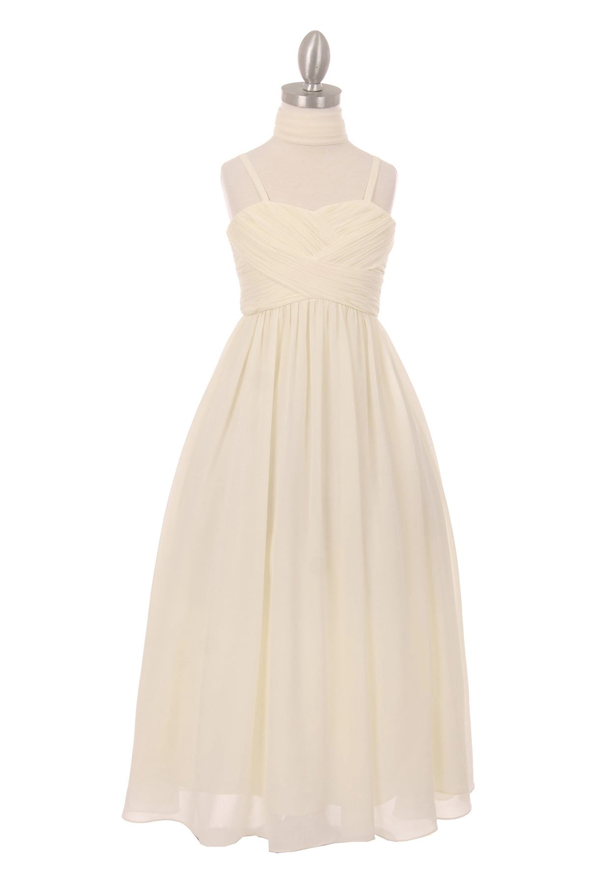 Ivory kids party dress with spaghetti straps and a pleated sweetheart neckline.