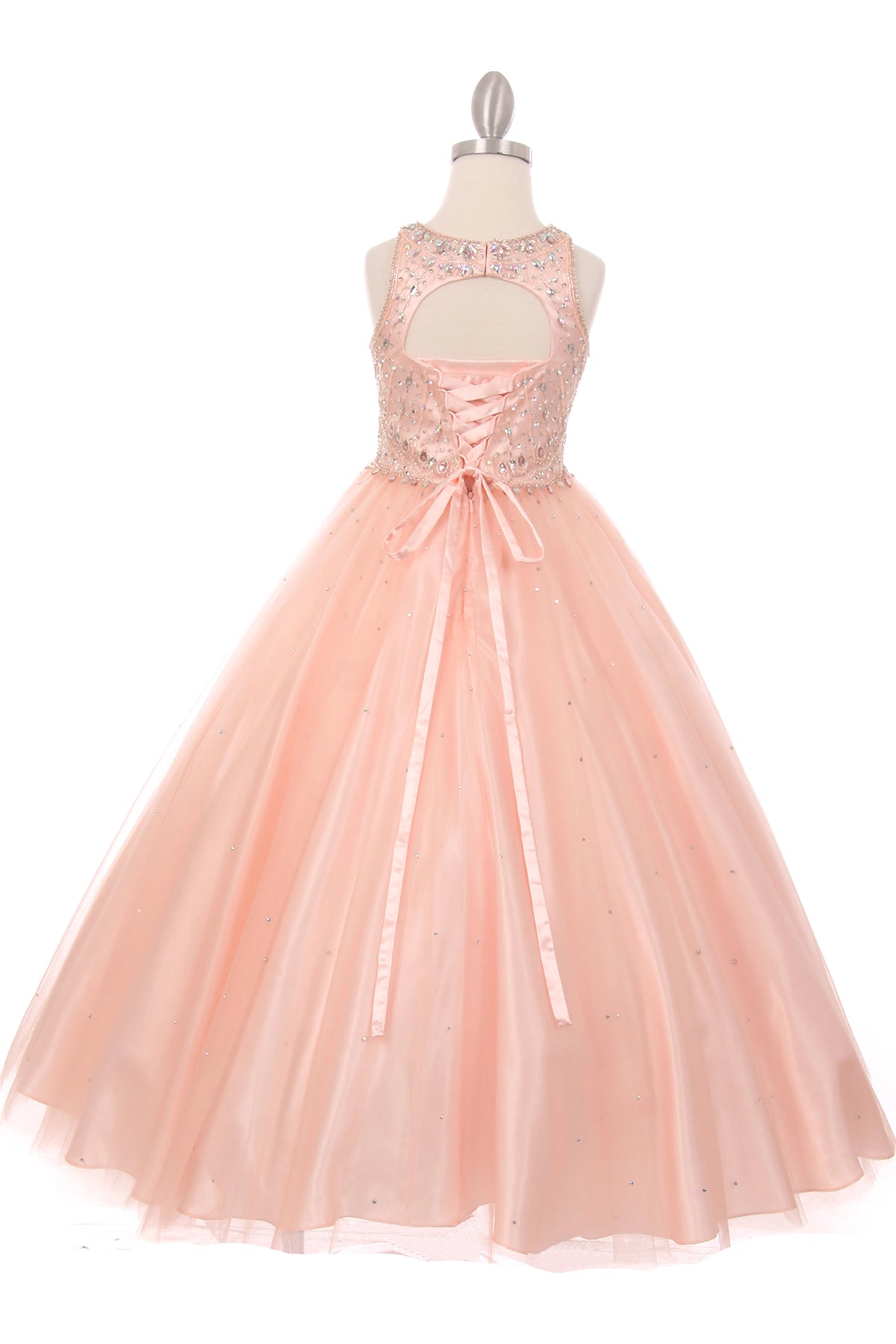 Visible details on the Blush mini quince dress include a jeweled halter neckline and gathered skirt.