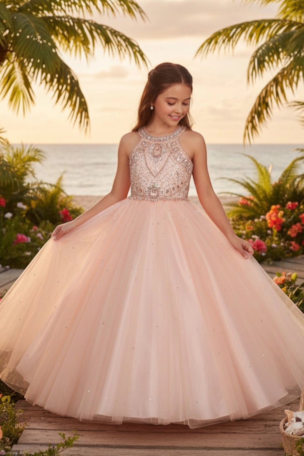 Blush mini quince dress with a beaded halter bodice and full tulle skirt.