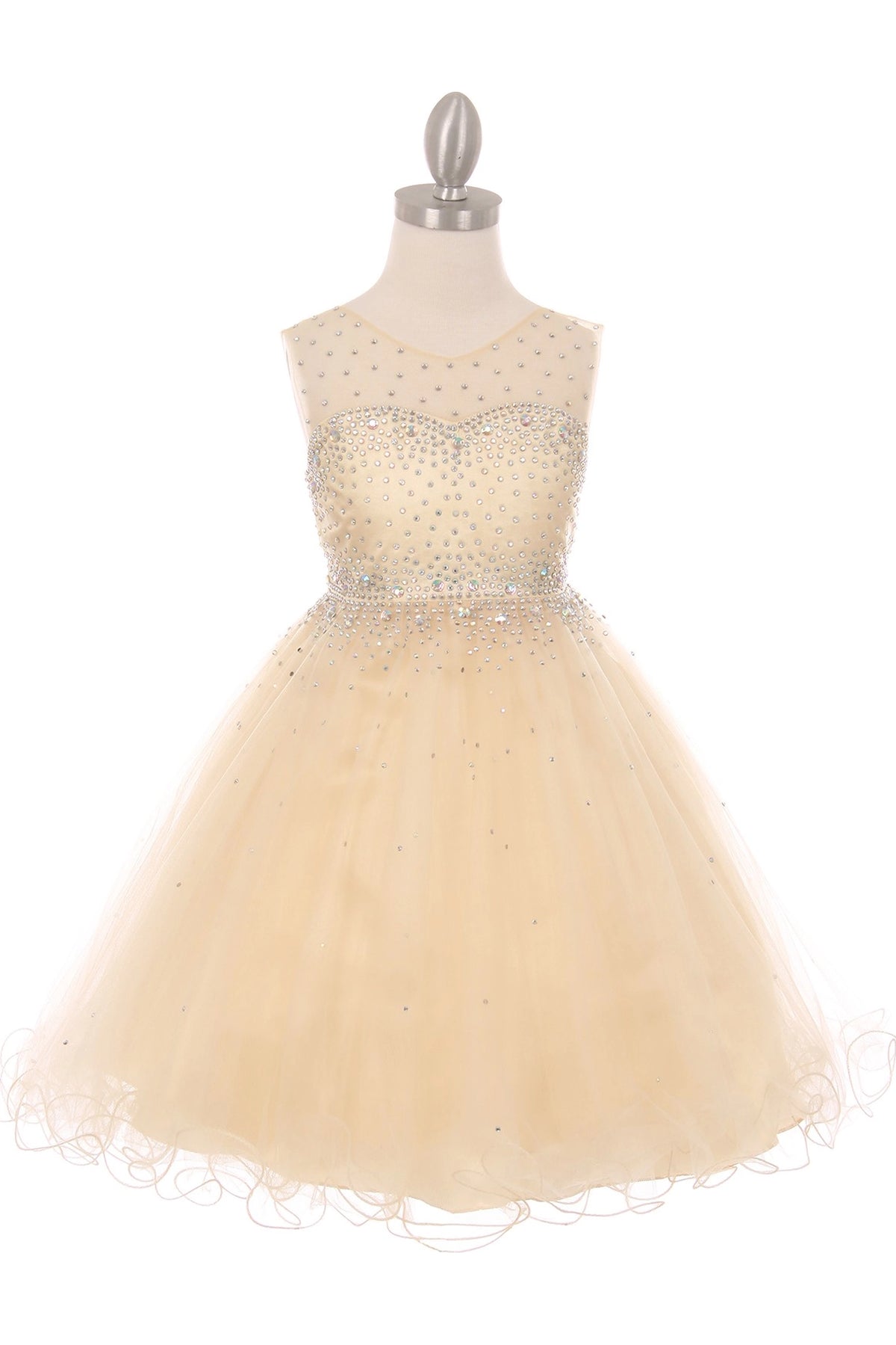 Showcasing with a rhinestone-covered bodice, this Champagne kids party dress displays elegant detail.