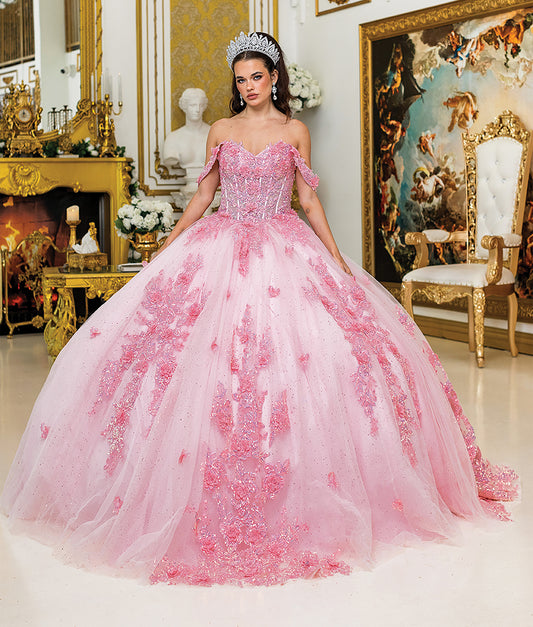 Quinceañera | Pink Ballgown with Off-the-Shoulder Floral Embroidery Sparkling Tulle Skirt | Cintia dress