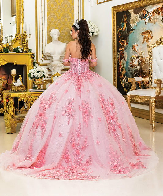 Quinceañera | Pink Ballgown with Off-the-Shoulder Floral Embroidery Sparkling Tulle Skirt | Cintia dress