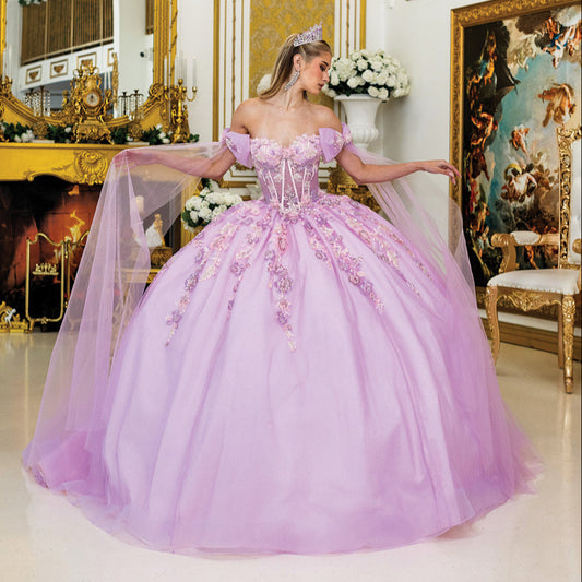Quinceañera | Blush Quince Gown with Floral Embroidery and Cape | Caridad dress front
