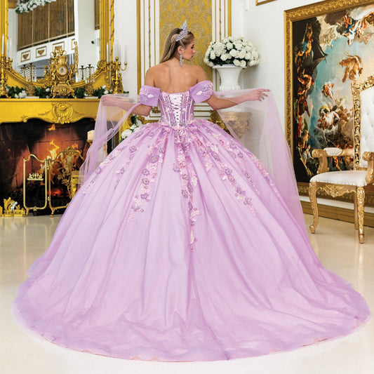Quinceañera | Blush Quince Gown with Floral Embroidery and Cape | Caridad dress  back view
