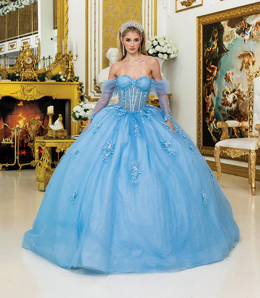 Quinceañera | Bahama Blue Sweetheart Neckline, Detachable Sheer Sleeves, and Sparkling Tulle Ballgown | Jazmín dress front