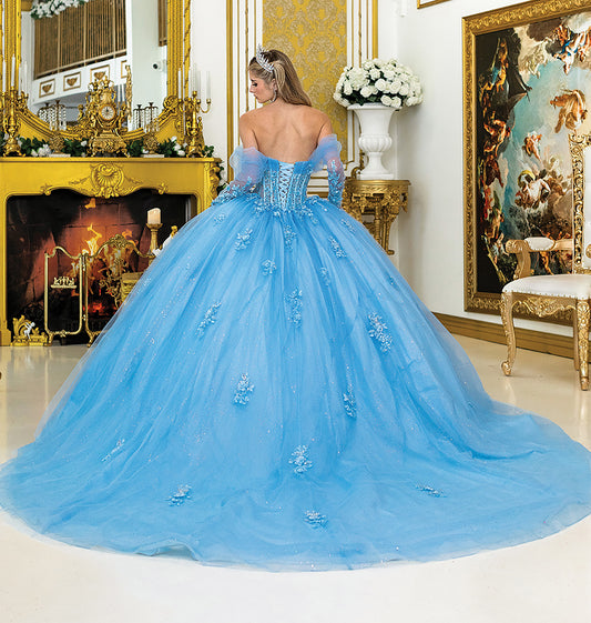 Quinceañera | Bahama Blue Sweetheart Neckline, Detachable Sheer Sleeves, and Sparkling Tulle Ballgown | Jazmín dress back