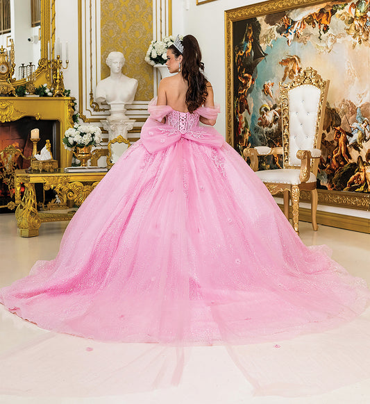 Quinceañera | Pink Ball Gown with Off-the-Shoulder Sheer Puff Sleeves and Glitter Tulle Skirt | Mariposa dress back