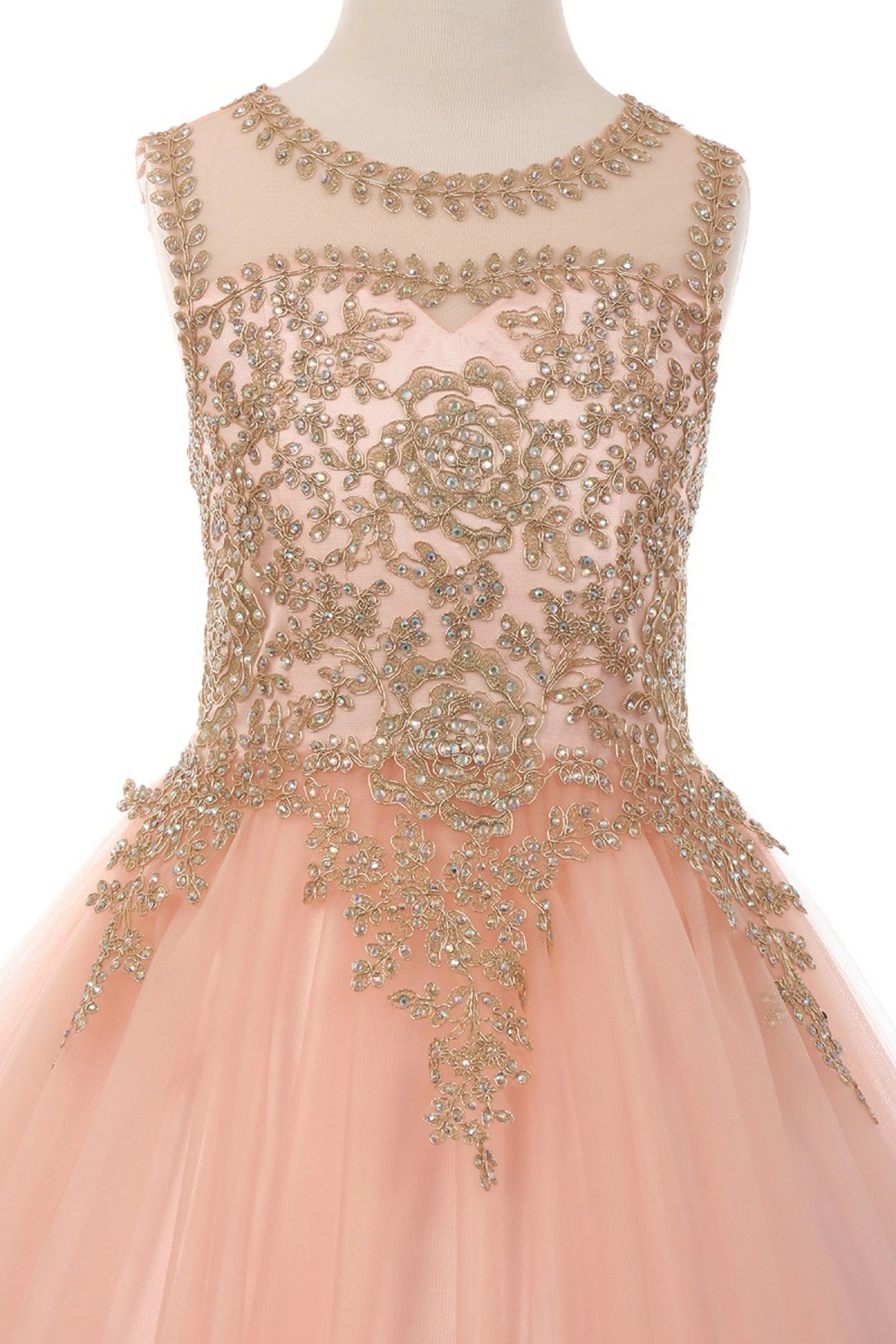 Showcasing gold coil lace and sparkling bodice stones on the Blush mini quince dress.