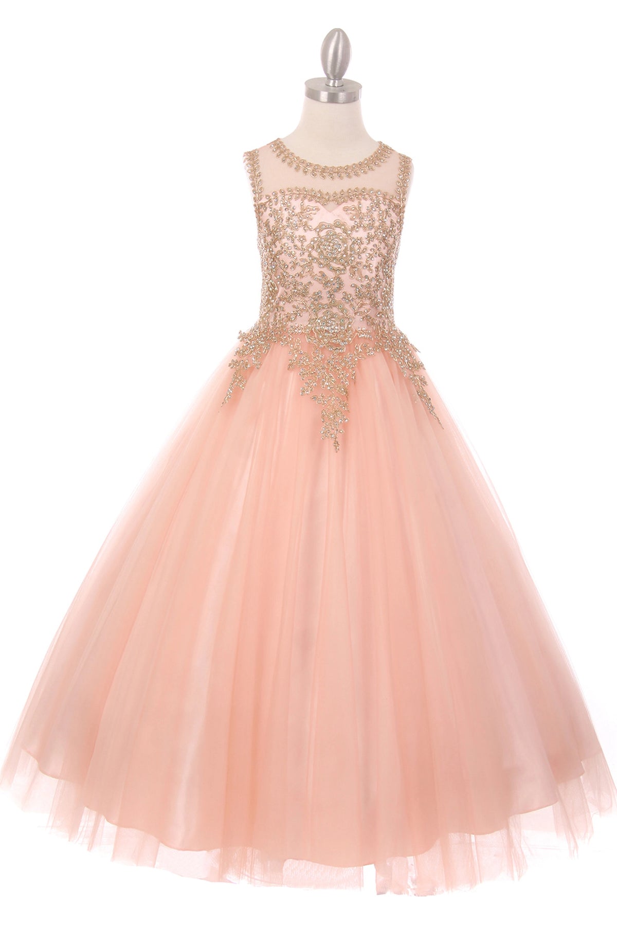 Blush mini quince dress with gold floral appliques and a full tulle skirt.
