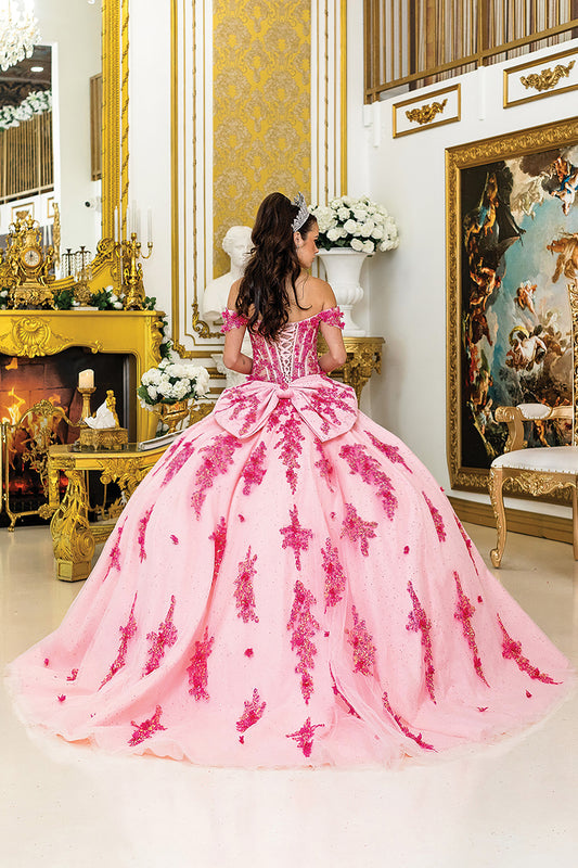 Quinceañera | Hot Pink Ball Gown with Corset Bodice, Off-Shoulder Design, and Glitter Tulle Skirt | Eleuteria dress back view