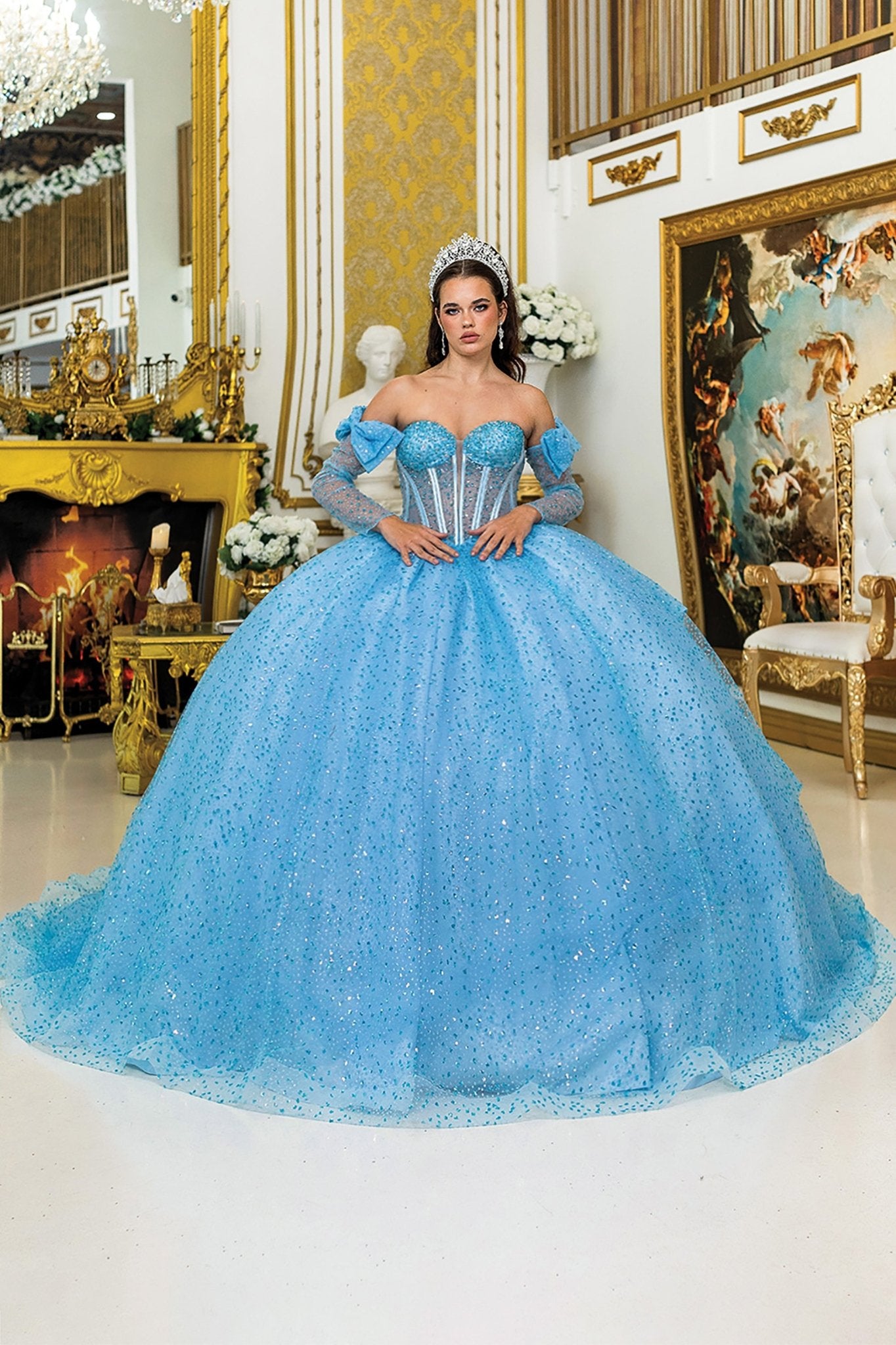 Quinceañera | Bahama Blue Ball Gown with Corset Bodice, Glitter Accents, and Detachable Sleeves | Eufemia dress front view