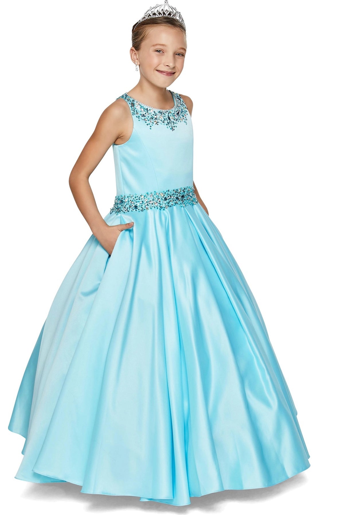 Showcasing a beaded waistband and full satin skirt on the Aqua mini quince dress.