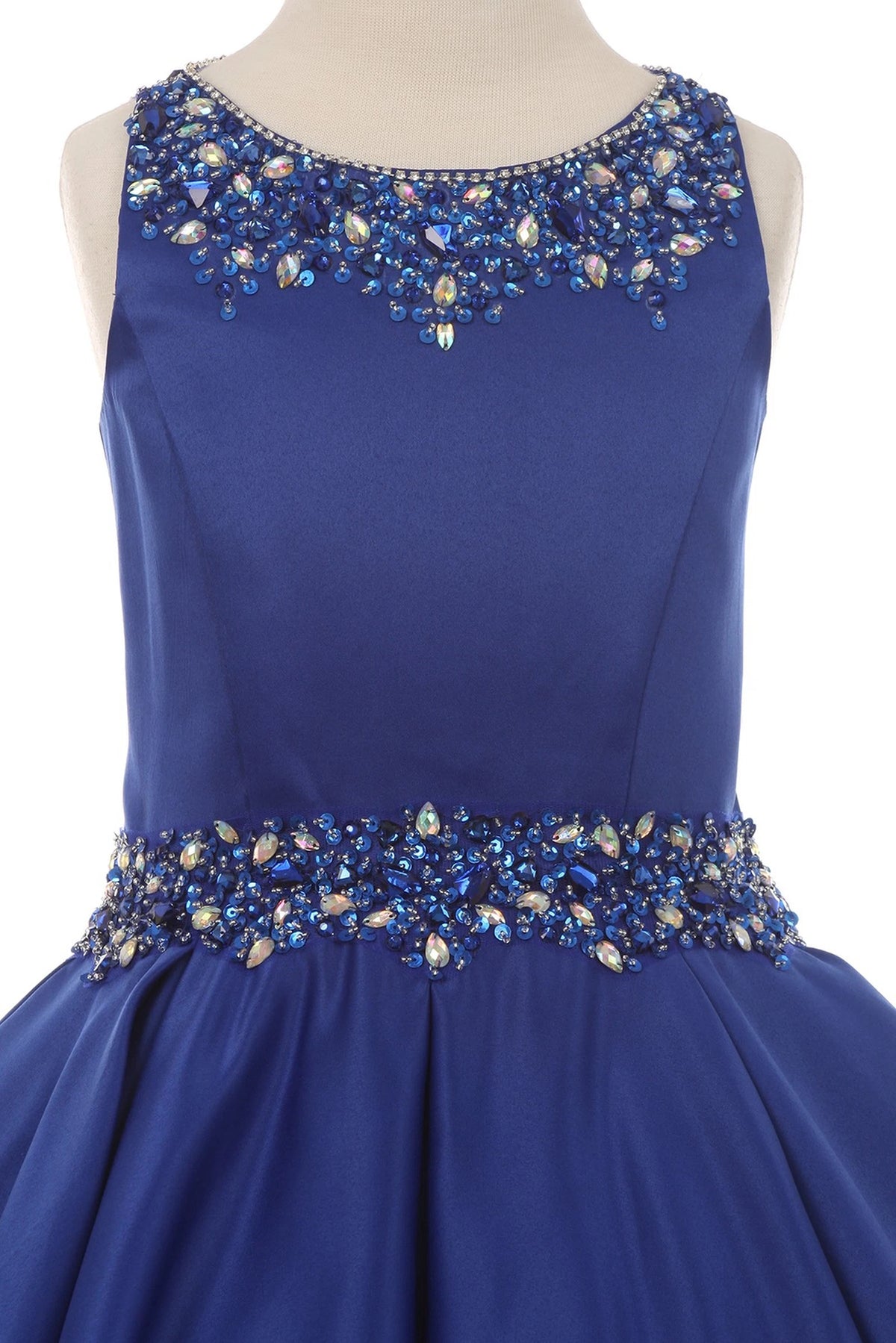 Showcasing sparkling beaded trim around the scoop neckline on the Royal Blue mini quince dress.