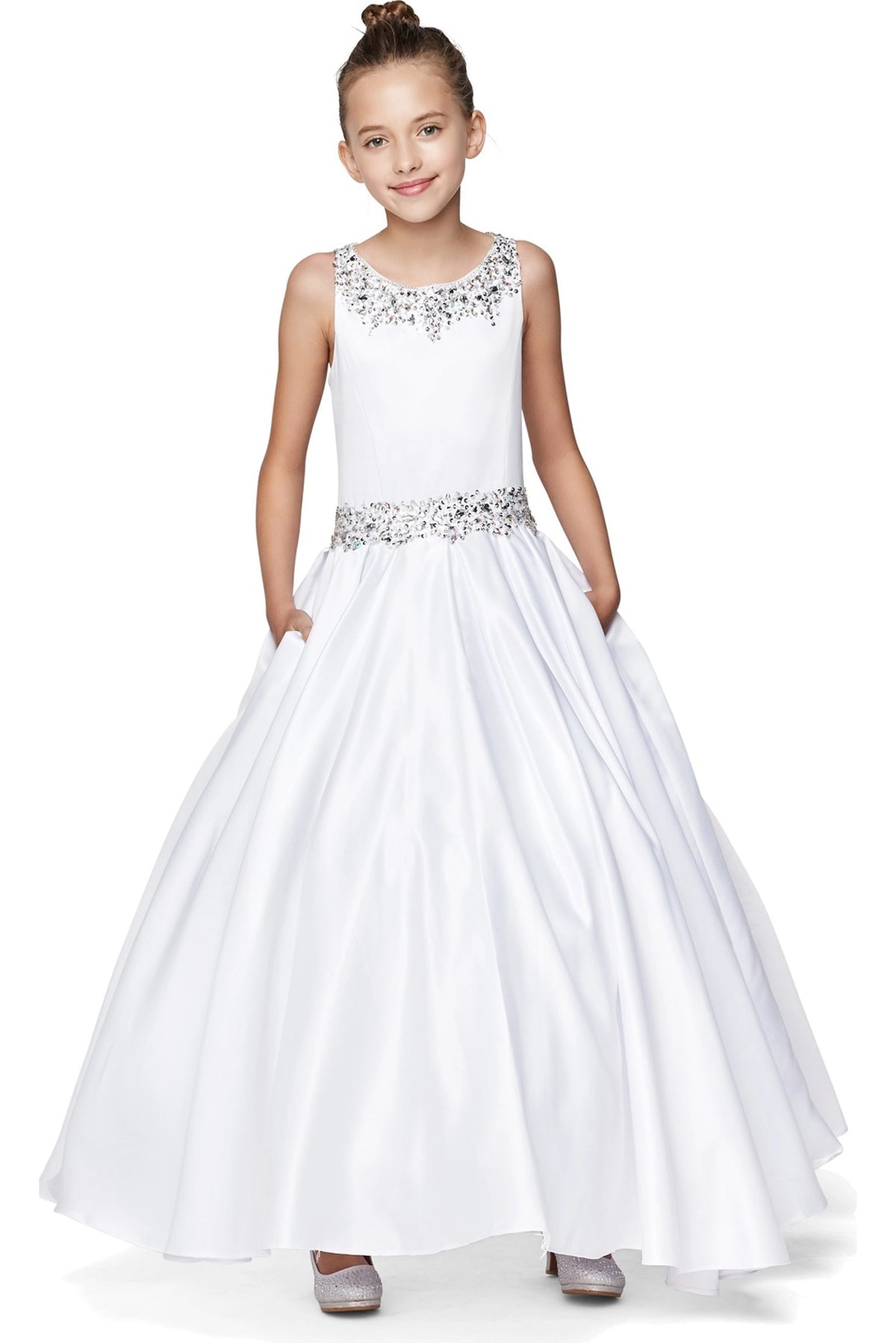 White mini quince dress with a beaded neckline and pleated satin skirt.