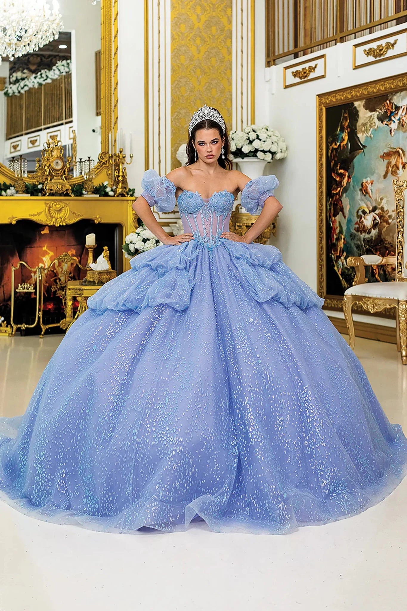 corset dress with puffy skirt Blue Lilac Quinceañera Off-Shoulder Sleeves 3XL / Blue STYLE:PC3881 framed by sheer puff tire gloss White Khasto Nightgown for
