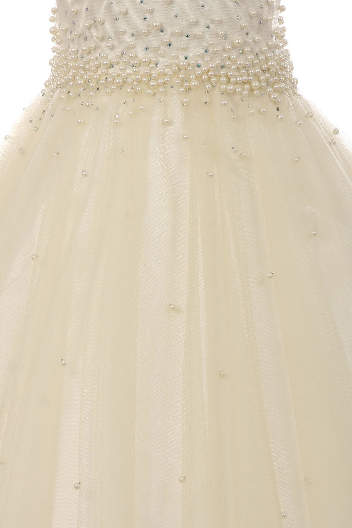 Accented pearl accents on the bodice adds character to this Ivory kids party dress.