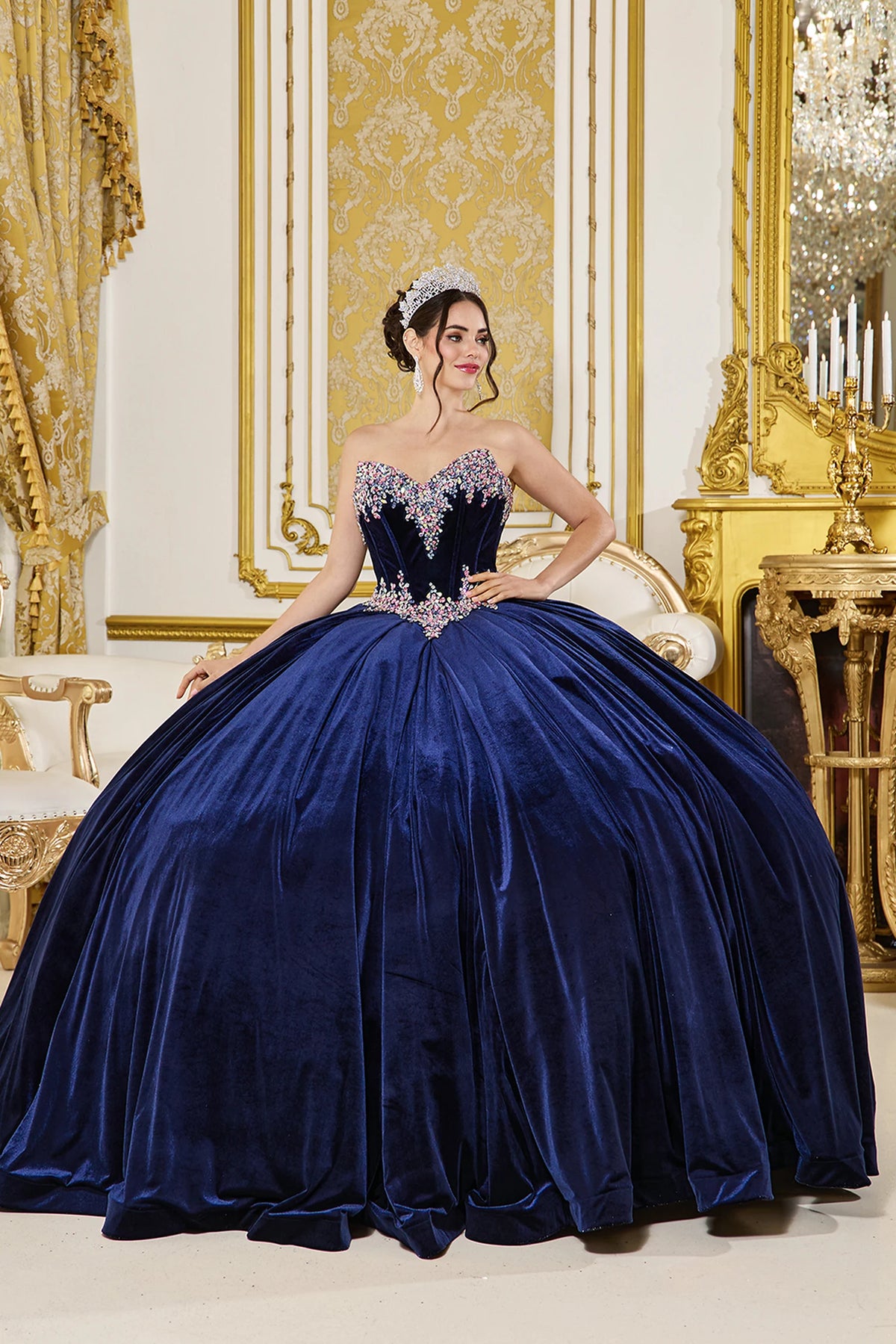 Front view of a Navy quinceañera gown with sweetheart neckline and beaded bodice