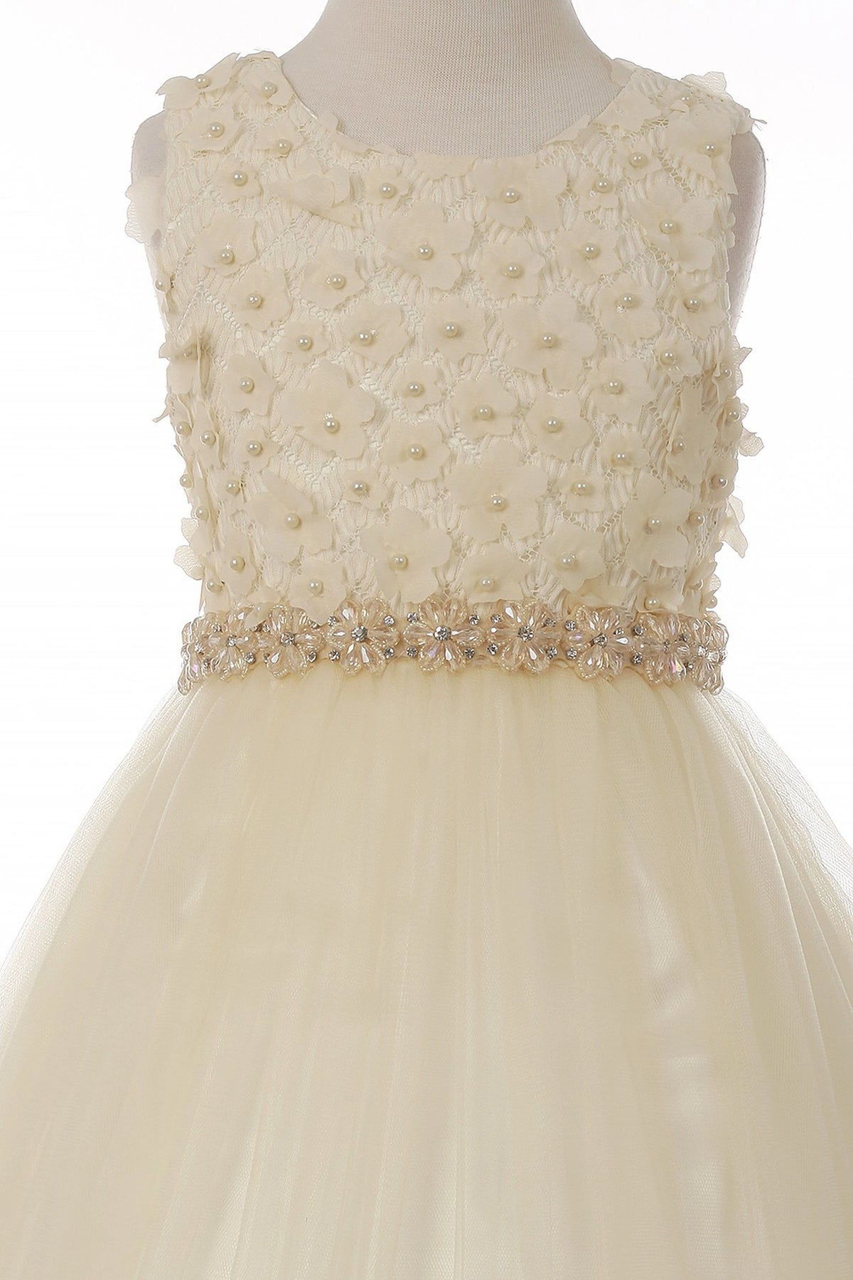 Detailed by a floral lace bodice, the Champagne kids party dress reveals its construction.