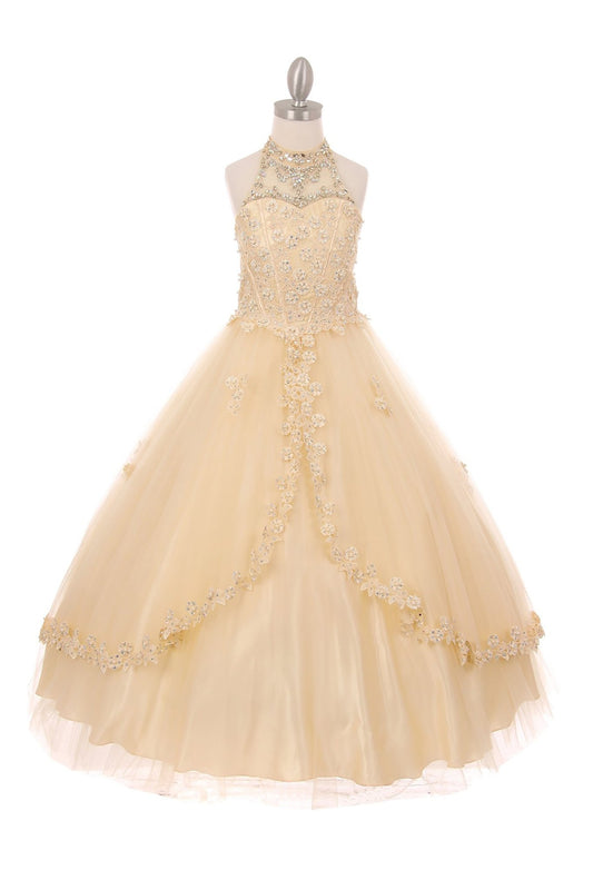 Champagne front view kids mini quinceañera ball gown with halter neck, rhinestones, pearls and satin tulle fabric