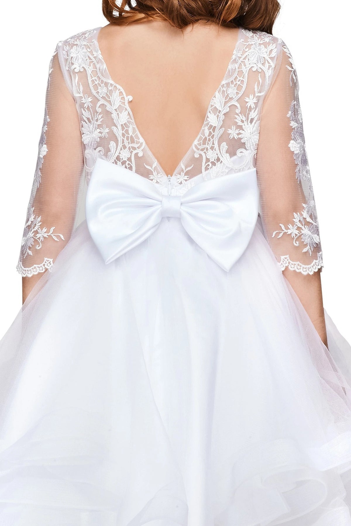 Showcasing with a V-shaped lace back and large bow, this White kids party dress displays elegant detail.