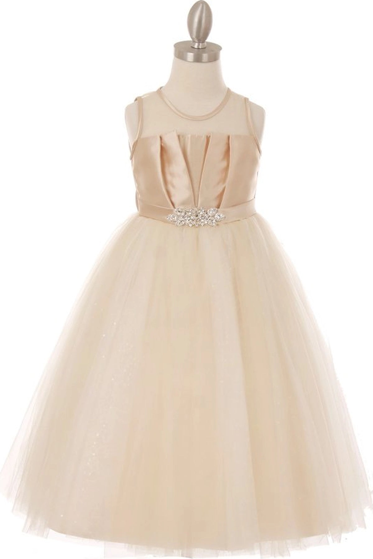 Showcasing with satin bodice pleats, this Champagne kids party dress displays elegant detail.