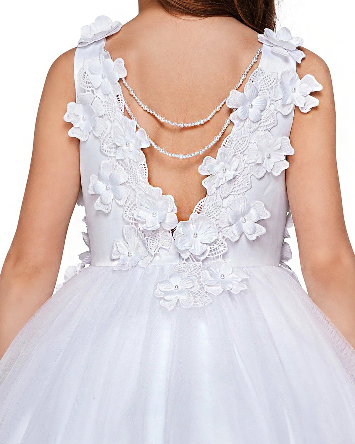 Detailed view highlights White High-Low floral flower girl dress with intricate details.