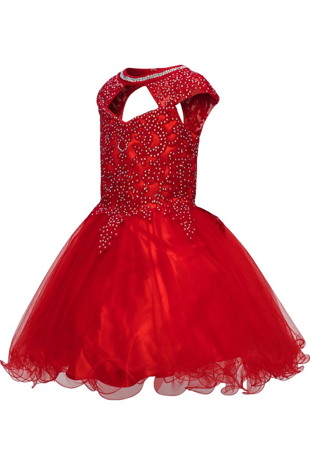 Detailed by a lace-framed keyhole neckline, the Red kids party dress reveals its construction.