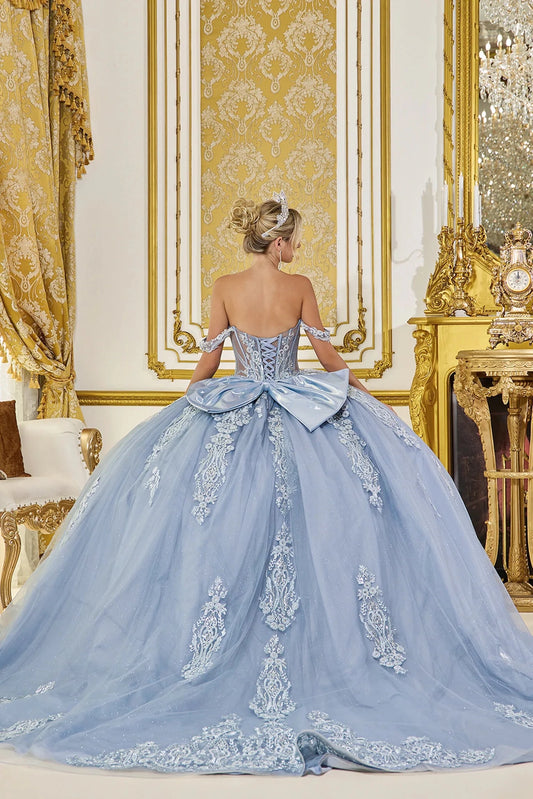 Back view of a Dusty Blue quinceañera gown showing lace-up back, layered tulle skirt, and beaded embroidery
