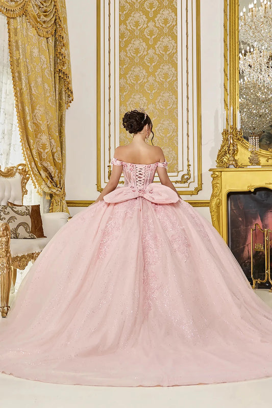 Blush quinceanera ball gown back view showing lace up corset back, oversized bow accent, embroidered tulle skirt, and flowing train