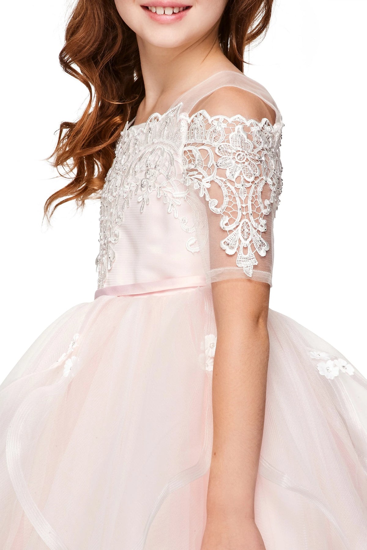 Visible on this Pink flower girl dress: floral lace detail across the sheer sleeves.