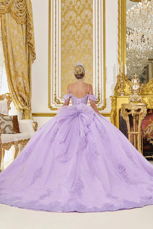 Back view of a Lilac quinceañera gown showing lace-up back, embroidered tulle skirt, and embroidered lace