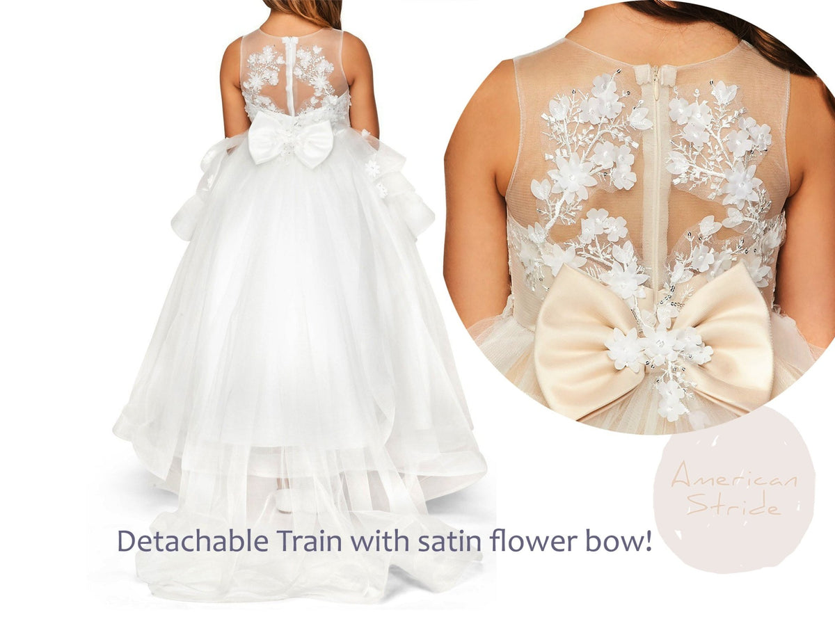 Front view of Off-White Hand-crafted Lace and Sequin Beads High-low flower girl dress with Detachable Train.