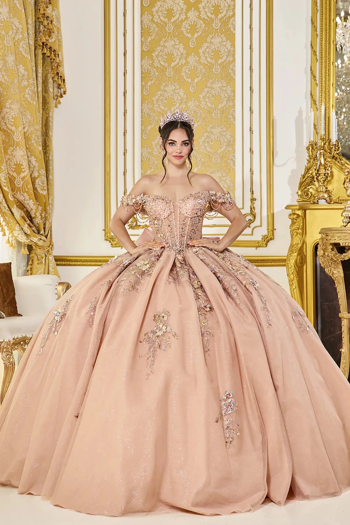 Rose Gold Quinceañera Dress with Off-Shoulder Fringe Bodice 2XL / Rose Gold
