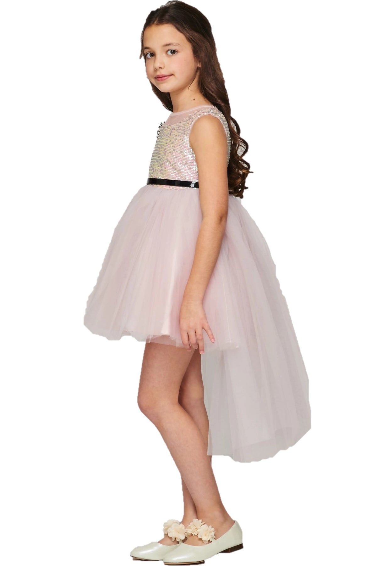 A Pink flower girl dress showing sequined back and layered high-low hem.