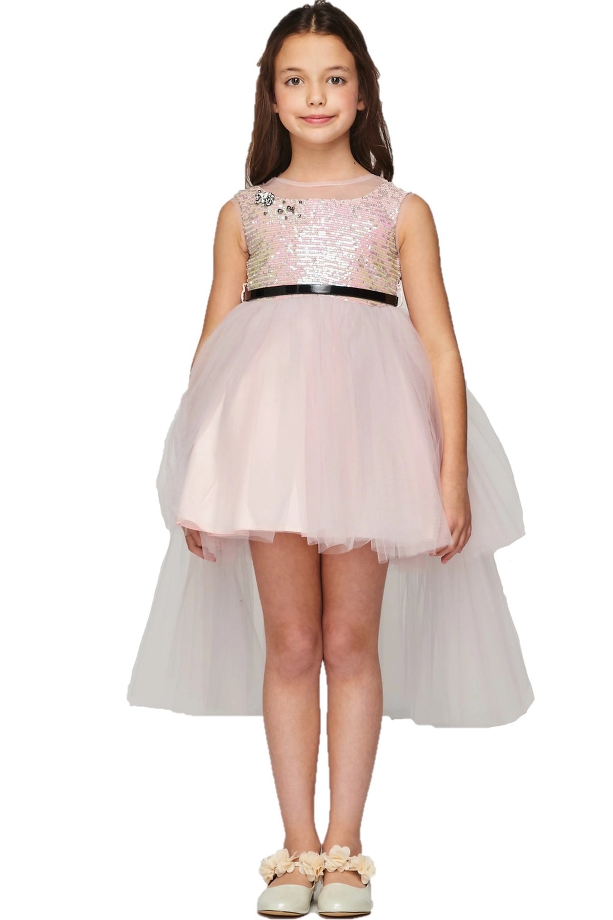 Pink flower girl dress features pink tulle skirt below the sequined bodice.