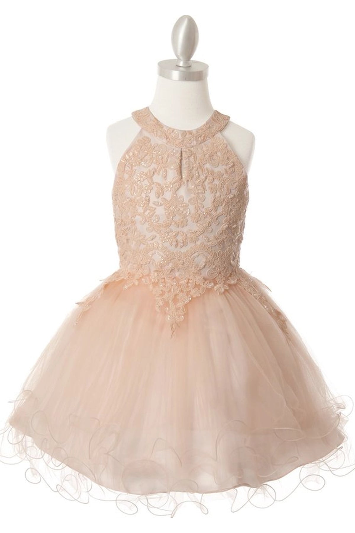 Showcasing with floral beadwork on the halter bodice, this Blush kids party dress displays elegant detail.