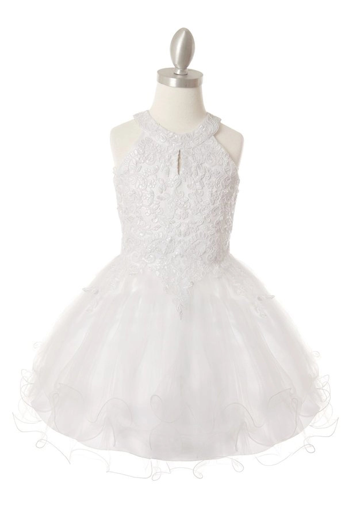 Finished details of a full tulle skirt distinguish the White kids party dress.