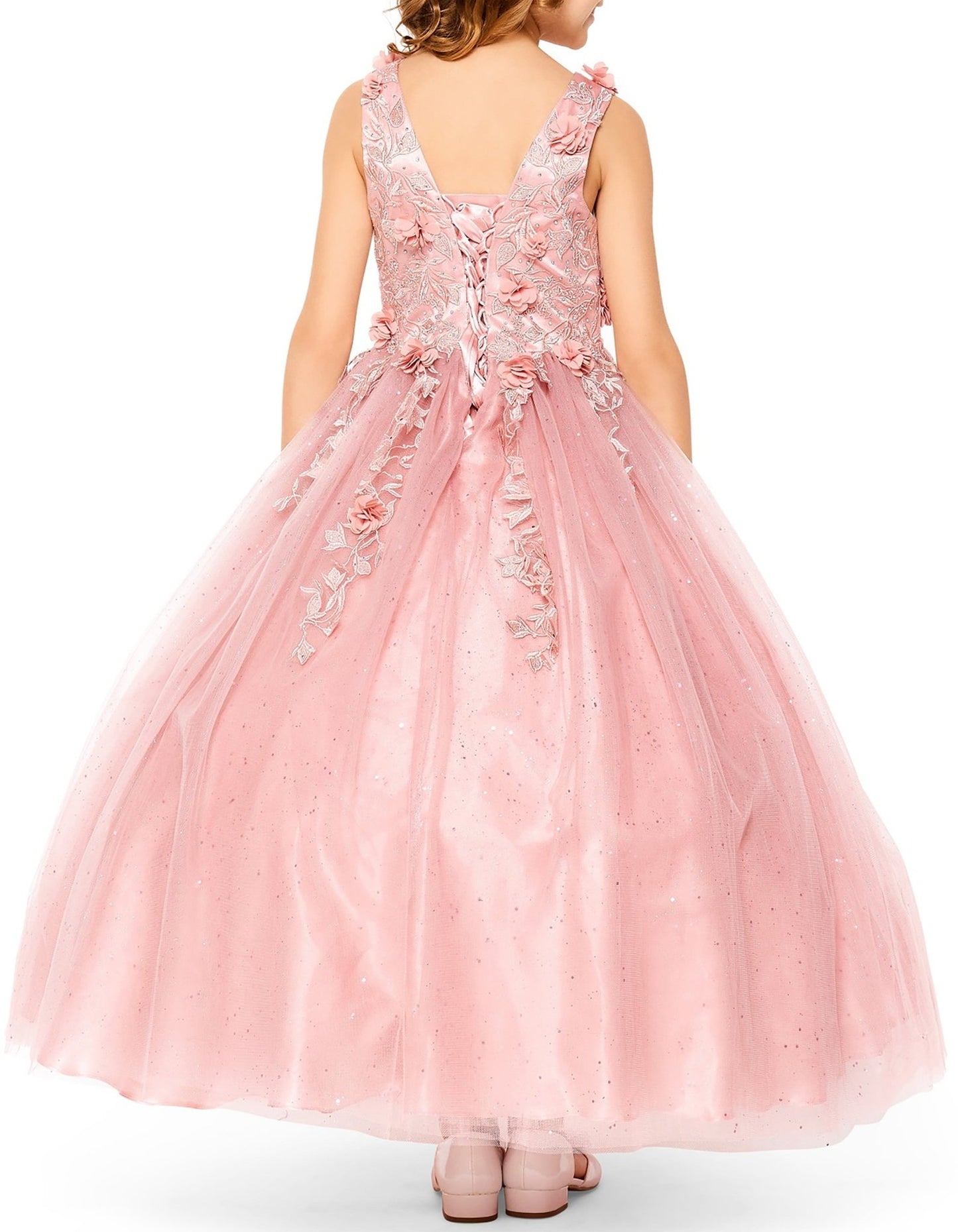 Kid wearing dusty rose mini quince dress with 3D flowers rhinestones shiny tulle skirt and back view