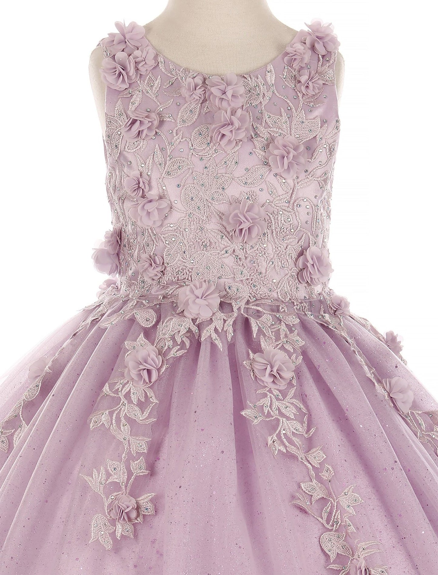 Front view of Lilac Kids Dress with 3D Flowers and Rhinestones with Shiny Tulle, Mini Quince Dress.
