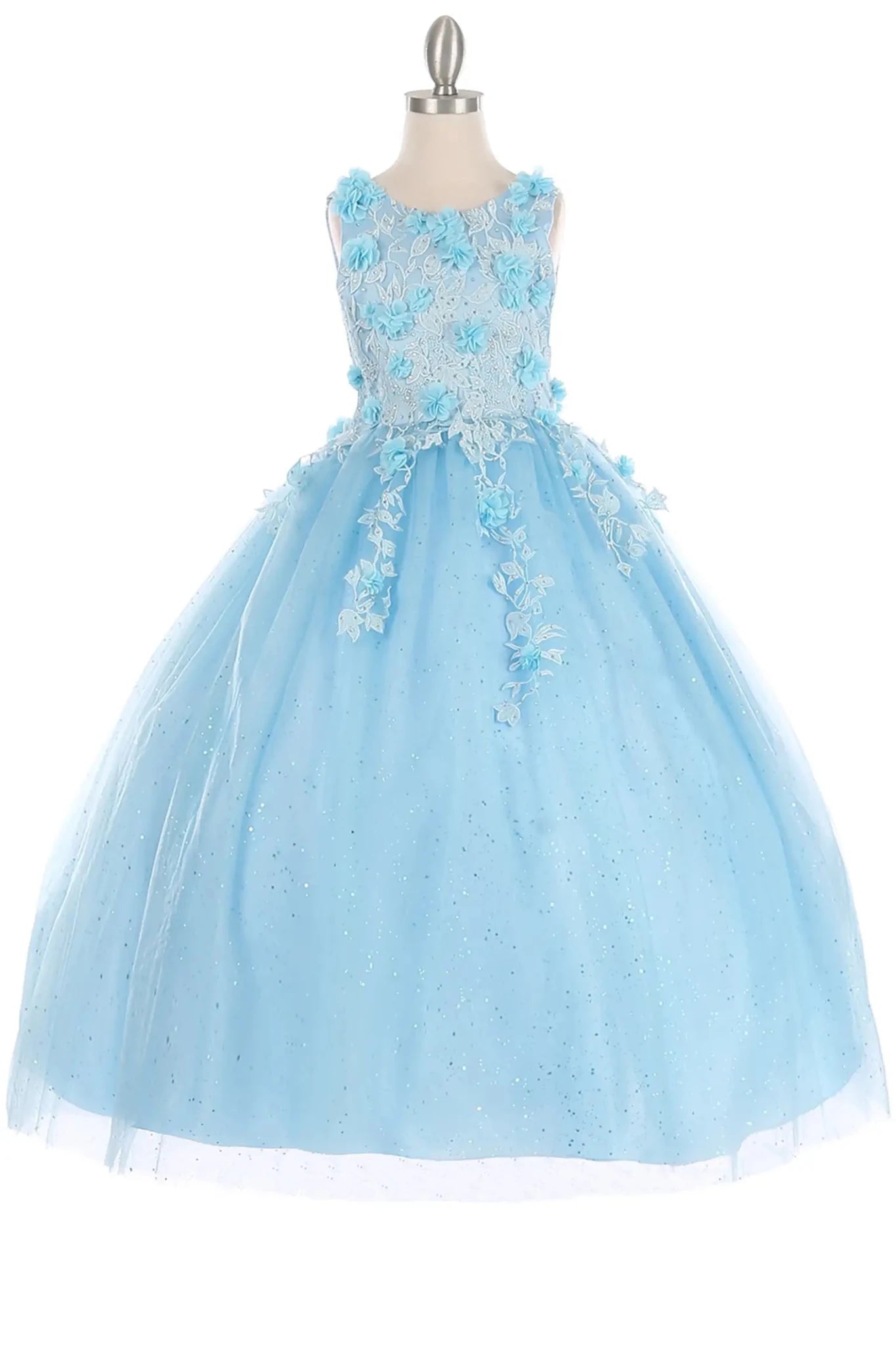 Sky Blue Kids Mini Quinceanera Ball Gown 3D Flowers Rhinestones 4 / Blue