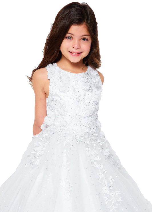 Kid wearing white mini quince dress with 3D flowers rhinestones and shiny tulle bodice detail