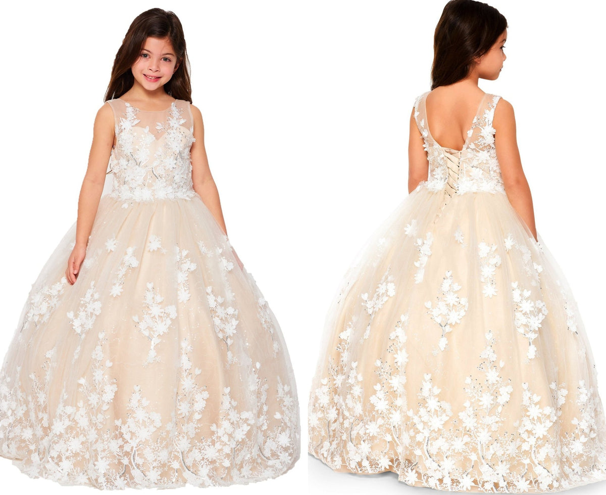Champagne side view kids mini quinceañera flower girl dress with 3D floral lace applique, sequin skirt and satin tulle fabric. Also suitable as a mini quince dress.