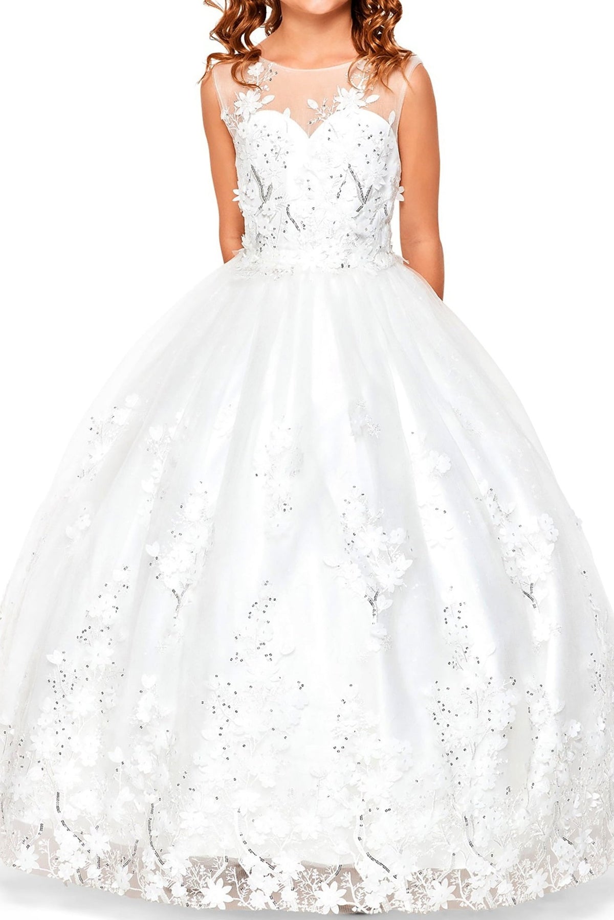 Off-white front zoom kids mini quinceañera flower girl dress with 3D floral lace applique, sequin skirt and satin tulle fabric. Also suitable as a mini quince dress.
