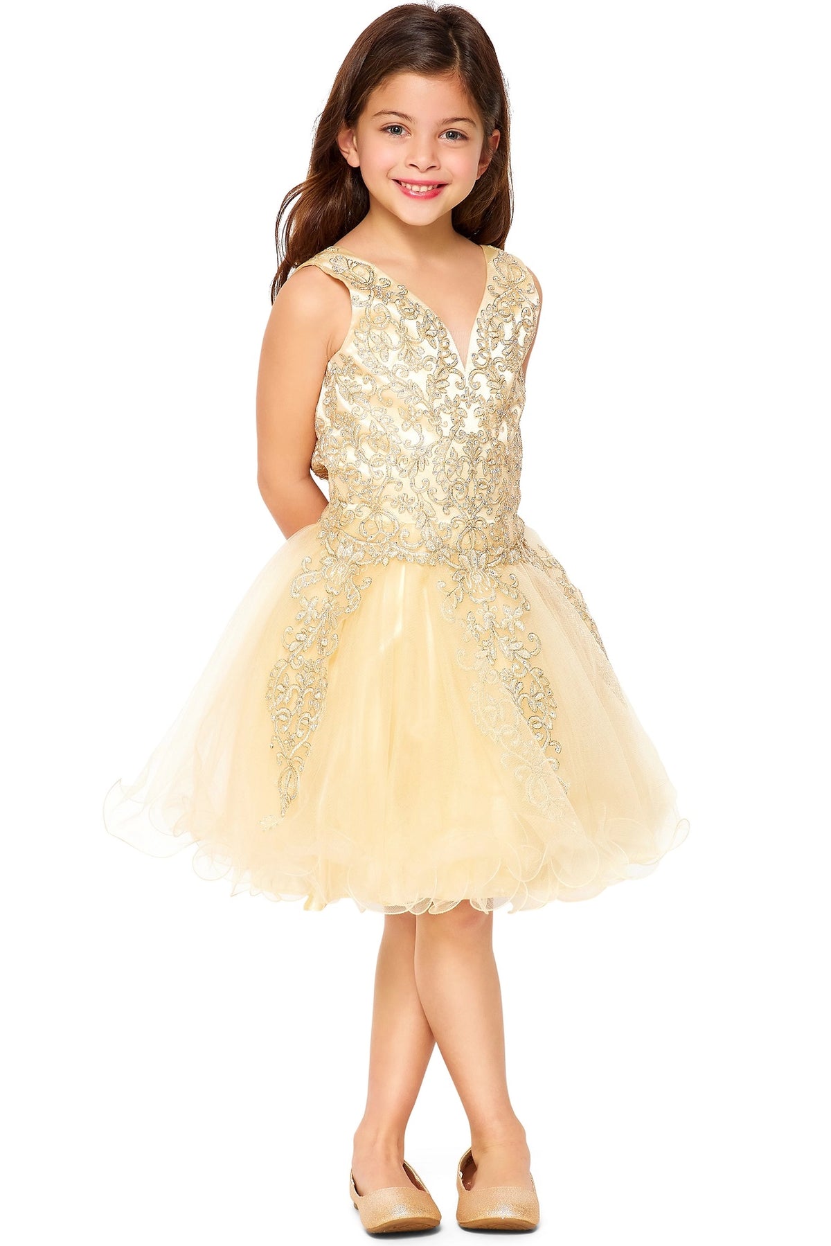 Showcasing with contrasting ornamental lace on the bodice, this Champagne kids party dress displays elegant detail.